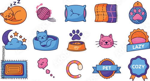 Lazy Cozy Cat Pet Icon Set Sleeping Kitty Home Collection