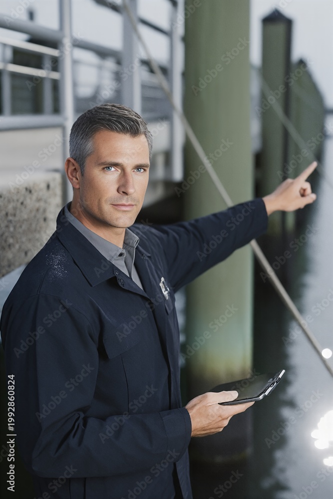 Fototapeta premium Slip assignment officer directing dockside operations with a handheld device