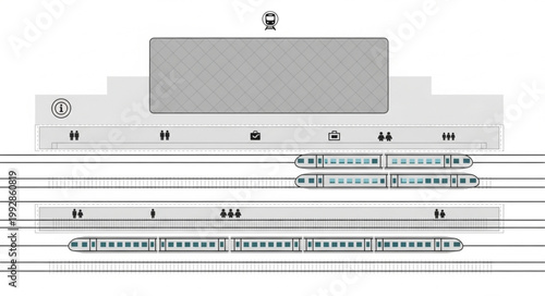 Diagram of a train station with multiple platforms and tracks.