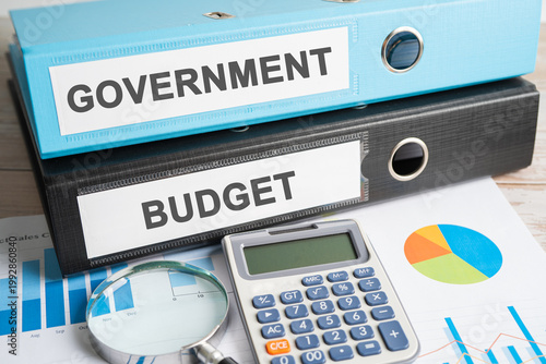 Government, BUDGET. Binder data finance report business with graph analysis in office.