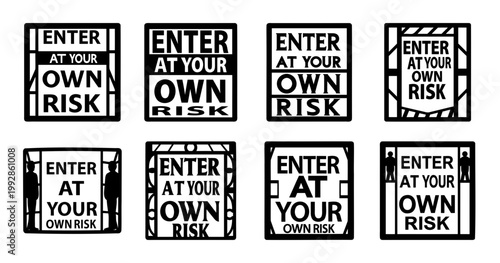 Enter At Your Own Risk Metal Wall Signs- Collection of metal wall art panels featuring “Enter At Your Own Risk” warning text, styled with bold typography for garages and restricted spaces.