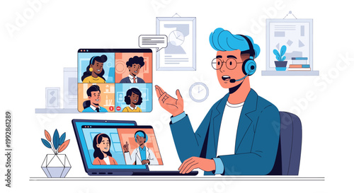 A man in a blue blazer participating in a video conference call on his laptop.