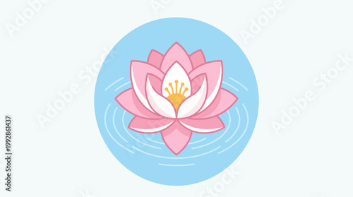 A beautiful, minimalist flat design vector illustration of a blooming lotus flower, symbolizing purity and enlightenment for Vesak.