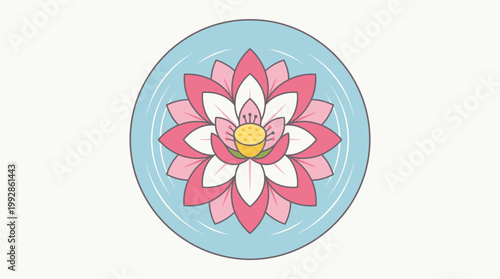 A beautiful, minimalist flat design vector illustration of a blooming lotus flower, symbolizing purity and enlightenment for Vesak.