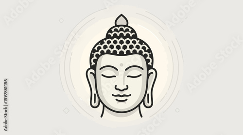 A tranquil and minimalist flat design vector illustration depicting a Buddha head, embodying peace and spiritual wisdom.