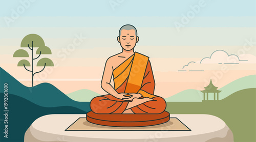 A peaceful flat design vector illustration of a Buddhist monk in meditation, capturing a moment of tranquility and spiritual focus.