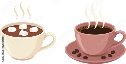 Hot Coffee and Hot Chocolate Cup Illustration with Steam, Marshmallows and Coffee Beans for Cafe Menu, Beverage Design, Winter Drink and Food Graphics