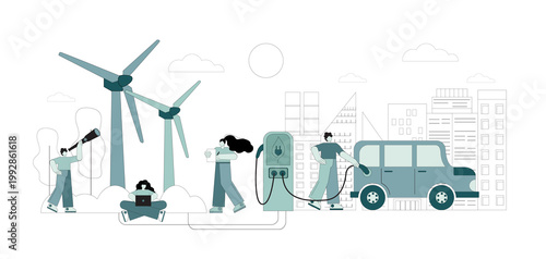 Wind generator. Refueling an electric car. People using green electricity