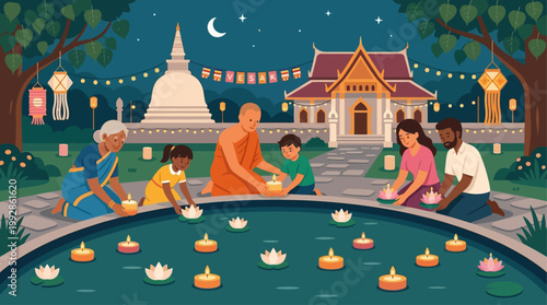 A heartwarming flat design illustration capturing a Vesak celebration scene where people respectfully place lotus flowers and candles as offerings in a temple pond.