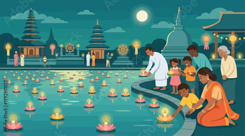 A heartwarming flat design illustration capturing a Vesak celebration scene where people respectfully place lotus flowers and candles as offerings in a temple pond.