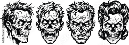 Four creepy stylized head illustrations of undead or monstrous figures