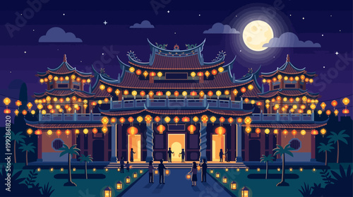 An atmospheric flat design illustration showcasing a Buddhist temple brightly lit with Vesak lanterns under a full moon, celebrating the sacred festival.