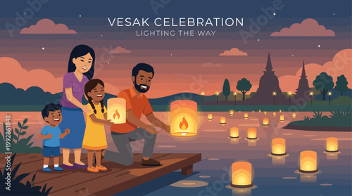 A joyful flat design illustration showing a family celebrating Vesak by lighting and releasing beautiful floating lanterns by a serene river at dusk.