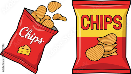 Potato Chips Snack Packaging Illustration with Crispy Chips in Open and Sealed Bags for Food Branding, Fast Food Design, and Packaging Concepts