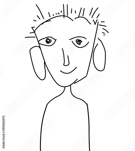 Minimalist hand drawn black line art sketch of a smiling character face with large ears
