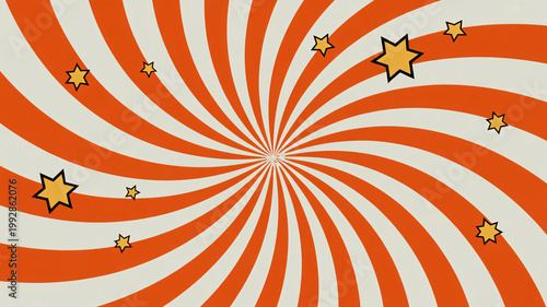 A vibrant and playful illustration of swirling orange stripes and yellow stars on a white background