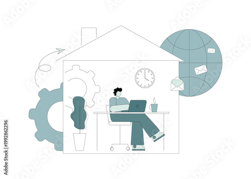 Work from home online. Remote work. A person sits at home and works using a laptop or computer