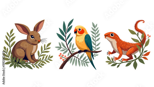 A charming illustration of a brown rabbit nestled amongst green leaves. Perfect for children's books, spring-themed content, or representing nature an