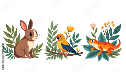 This charming illustration features a sweet bunny nestled amongst lush green leaves, ideal for children’s content, spring promotions, or branding with
