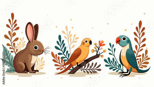 A charming illustration of a brown rabbit surrounded by foliage. Perfect for springtime designs, children's books, or cheerful branding, this image ev