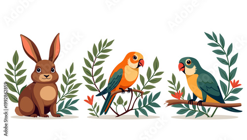 A charming illustration of a brown rabbit surrounded by lush greenery, ideal for children's content, springtime themes, or playful branding. Its invit