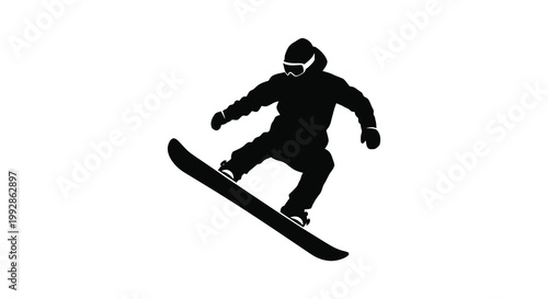 A snowboarder mid air dynamically leaping with board detailed black silhouette