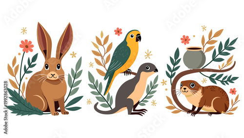 A cheerful cartoon rabbit sits amidst foliage, creating a whimsical and inviting image. Ideal for children’s illustrations, springtime marketing, or b