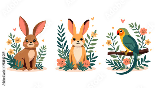 A charming illustration of a brown rabbit surrounded by vibrant flowers evokes a feeling of springtime and innocence. Perfect for children's media, ed