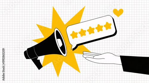 A hand holding a megaphone with a five-star rating in a speech bubble on a grid background