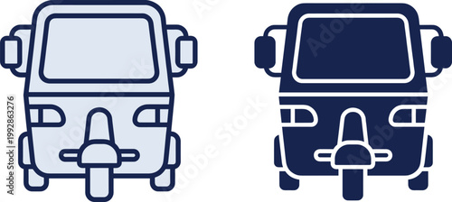 Two flat vector icon versions of an auto rickshaw or tuk tuk in outline and solid styles showing the front view for transport design.