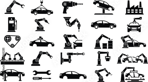 Comprehensive collection of black car factory and automotive manufacturing icons featuring robotic arms, assembly lines, industrial tools, vehicle parts, and production plant symbols in flat vector.