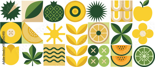 Modern Abstract Geometric Food and Fruit Pattern Featuring Stylized Pineapple Orange Apple and Leaves in a Flat Minimalist Mid-Century Scandinavian Style Vector Background.