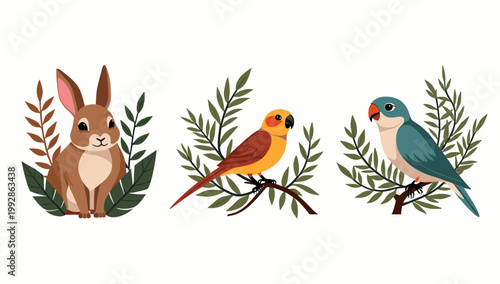 A charming illustration of a rabbit surrounded by lush green leaves. Ideal for children's content, springtime themes, or adding a touch of whimsy to d