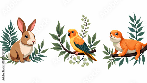 A charming illustration of a brown rabbit surrounded by lush green leaves. Perfect for springtime designs, children's content, or nature-themed projec