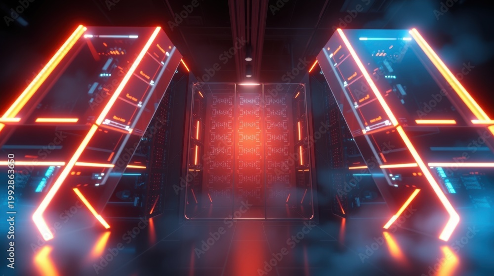 Naklejka premium Futuristic corridor. Neon lights illuminate dark metallic surfaces. Symmetry creates dramatic perspective, hinting at technology.