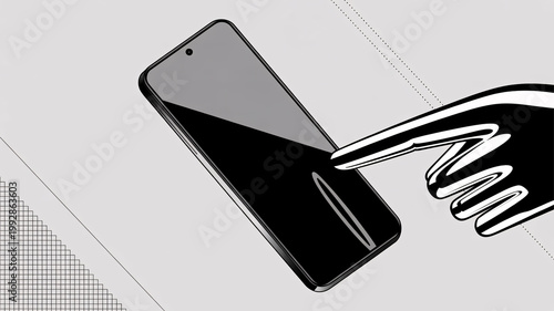 A hand holding a smartphone with a black screen and gray background