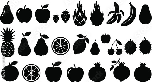 Silhouette Collection of Various Fresh Fruits and Berries Including Apple, Banana, Pineapple, Strawberry, Orange, Pear, and Dragon Fruit Isolated on White Background for Vector Design.