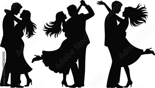 Set of silhouettes featuring romantic couples dancing together, celebrating wedding anniversaries and formal party events
