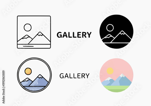 Image Gallery and Photo Album Icon Set - Outline, Solid, and Flat Color Styles for UI/UX Design