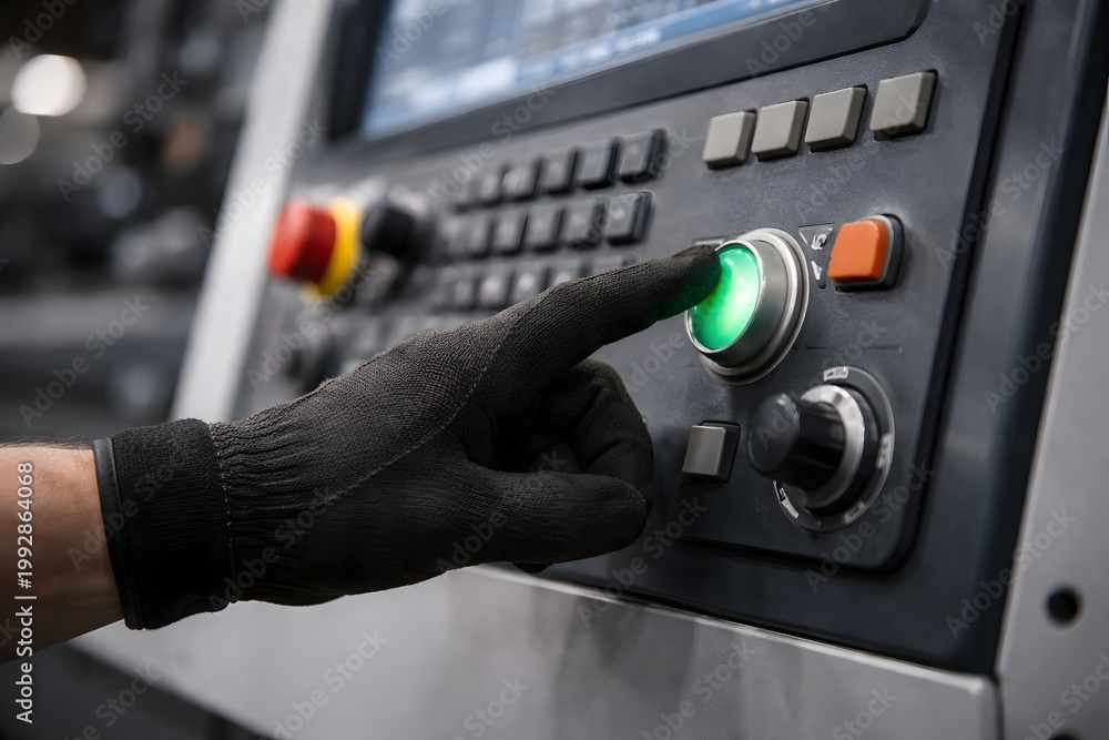 Fototapeta premium Gloved hand pressing green start button on industrial machine control panel, manufacturing automation concept