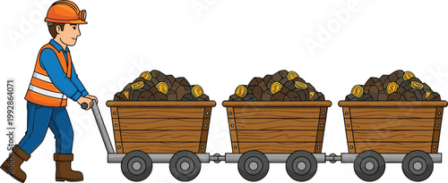 Coal miner pushing carts filled with coal in industrial mining scene, detailed cartoon worker character and mining equipment vector illustration