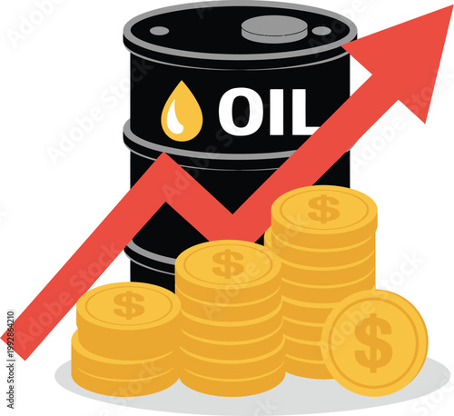 Rising oil price concept with barrel, upward arrow, and dollar coins representing fuel cost increase, global market growth, and economic impact vector illustration for finance and energy design projec