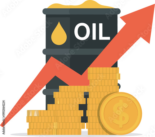 Rising oil price concept with barrel, upward arrow, and dollar coins representing fuel cost increase, global market growth, and economic impact vector illustration for finance and energy design projec