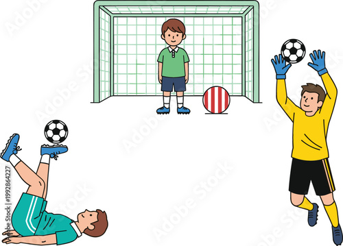 Soccer players cartoon set goalkeeper catching ball bicycle kick goal post child football training sports vector illustration collection