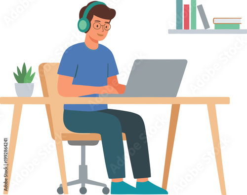 Man wearing headphones sits at desk working on laptop with books and plant