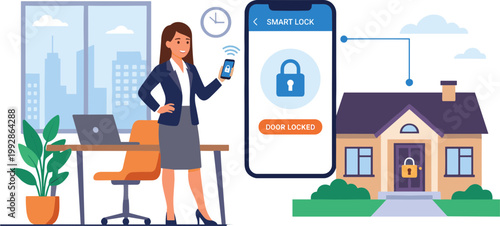 Woman controls smart home security system from office with smartphone app.