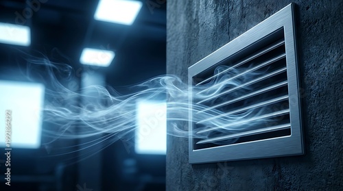 Fresh air flowing from metallic ventilation grate on textured wall with blue light illumination in modern building interior symbolizing clean air circulation and HVAC system functionality.
