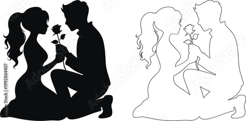 Silhouette and line art of man kneeling and giving a rose to his girlfriend