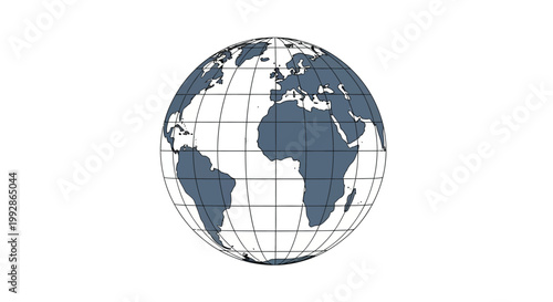 Schilderij op canvas Detailed Earth globe with blue oceans and white continents, featuring grid lines and meridians on an isolated white background