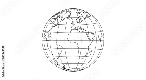 Bild auf Leinwand Wireframe Earth globe outline with grid lines, depicting world map continents and meridians on an isolated white background